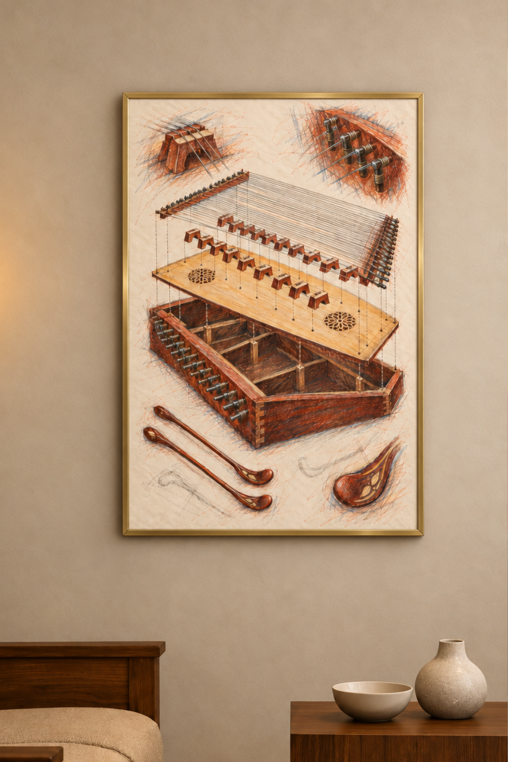 Close-up of the santoor print showing the lifted soundboard with carved rosettes, bridges and strings