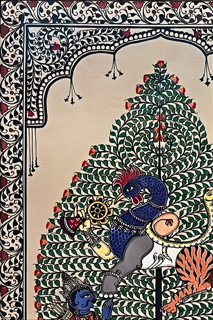 Divine Synthesis: Nabagunjara Tree of Life – Orissa Pattachitra Painting