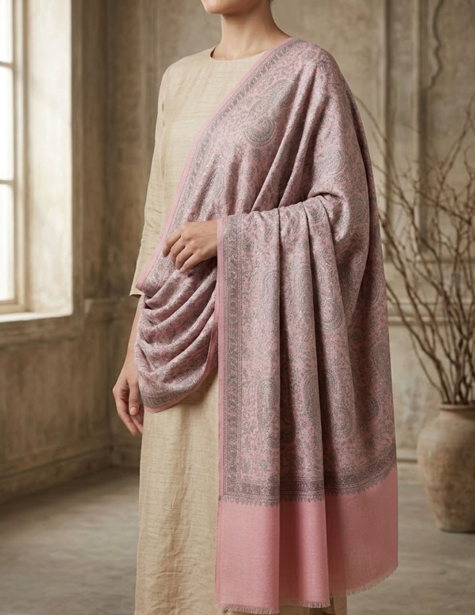 Gulrukh Sozni Embroidered Stole – Blush Paisley Wool Silk