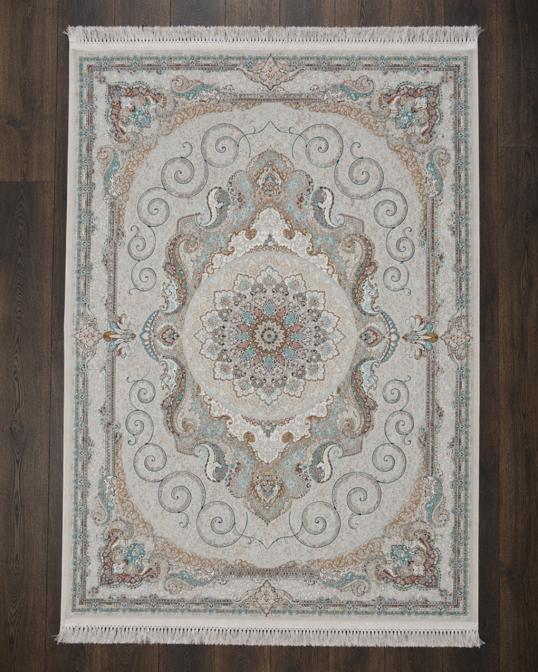 Naghma Silk & Wool Blend Carpet – Teal Gold Floral Medallion