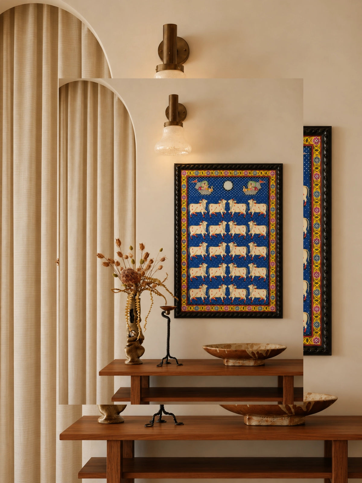 Handpainted – Pichwai – Cows on Indigo Beneath the Swan Boats