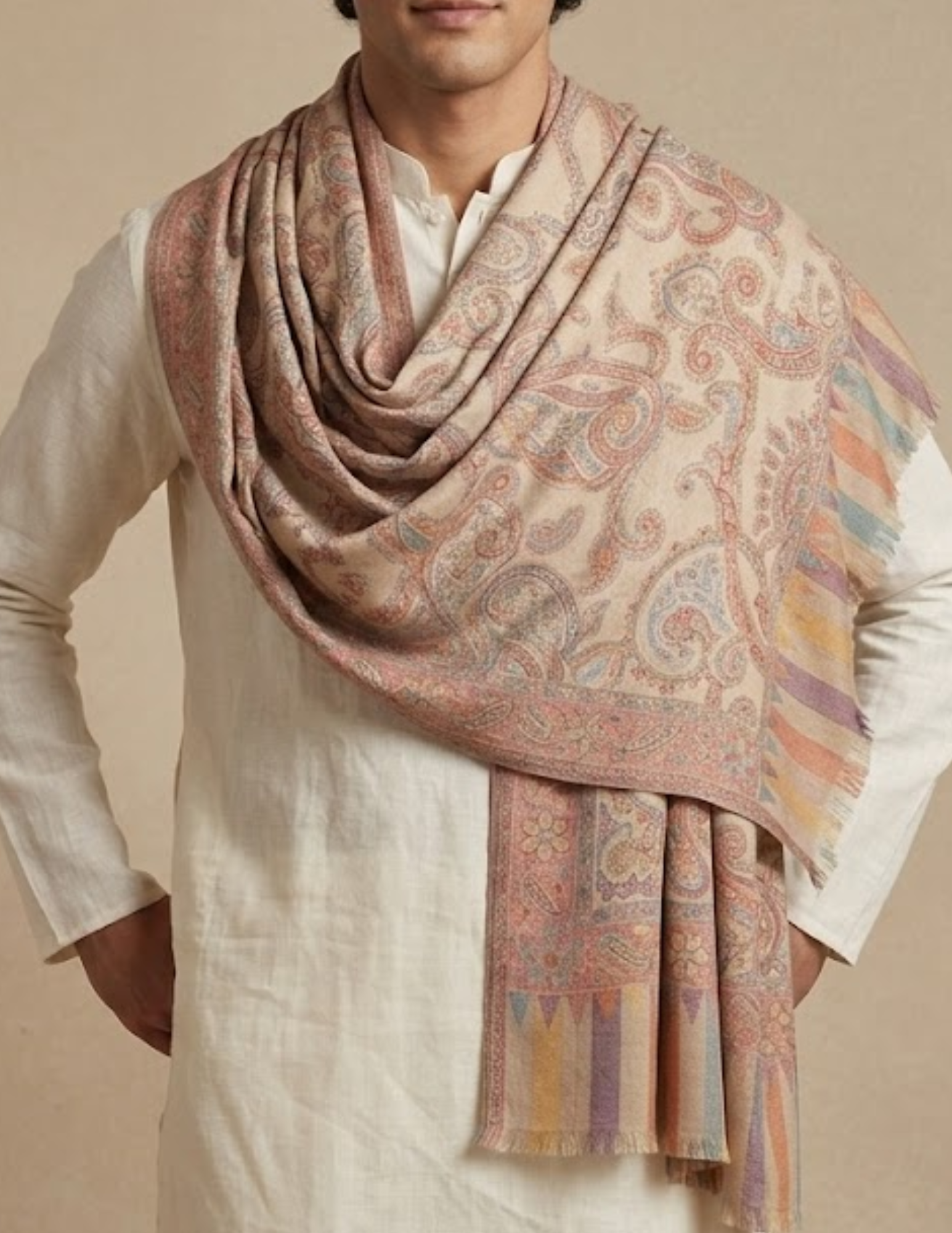 Naazneen Jamawar Kashmiri Stole – Ivory Paisley Micro Modal