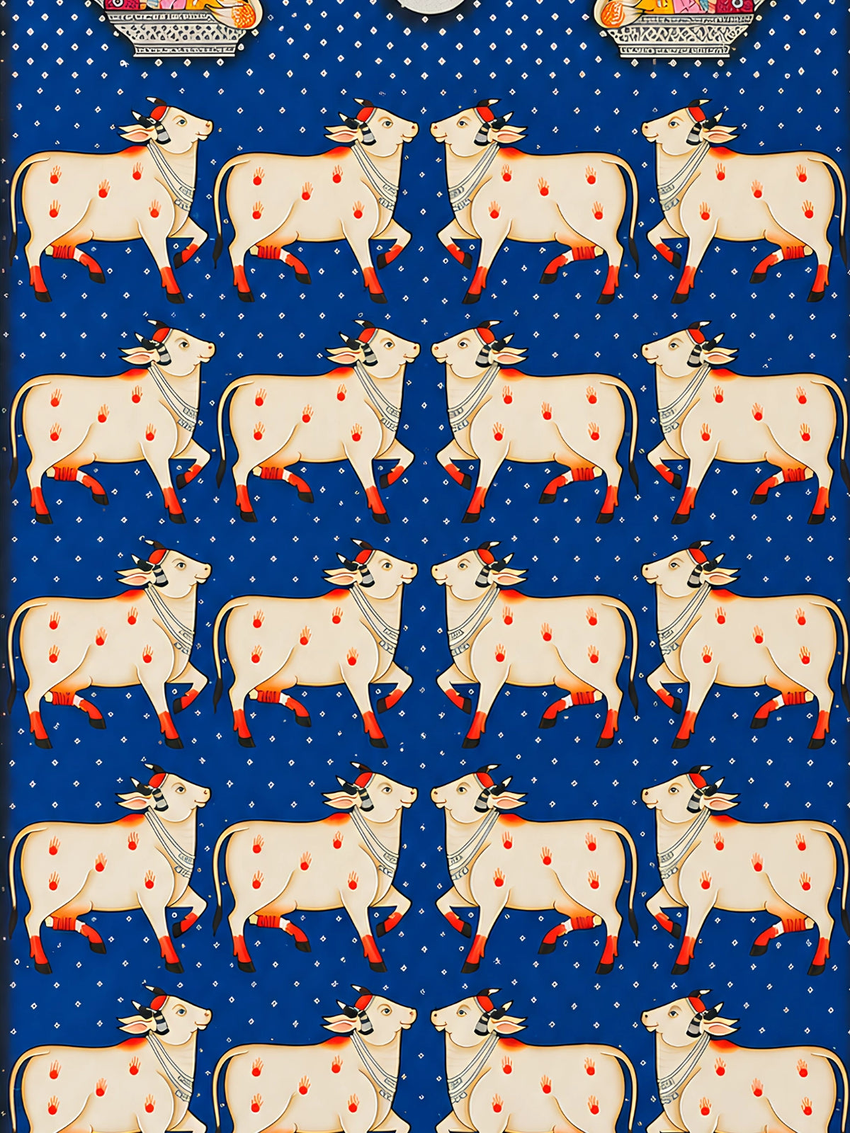 Handpainted – Pichwai – Cows on Indigo Beneath the Swan Boats