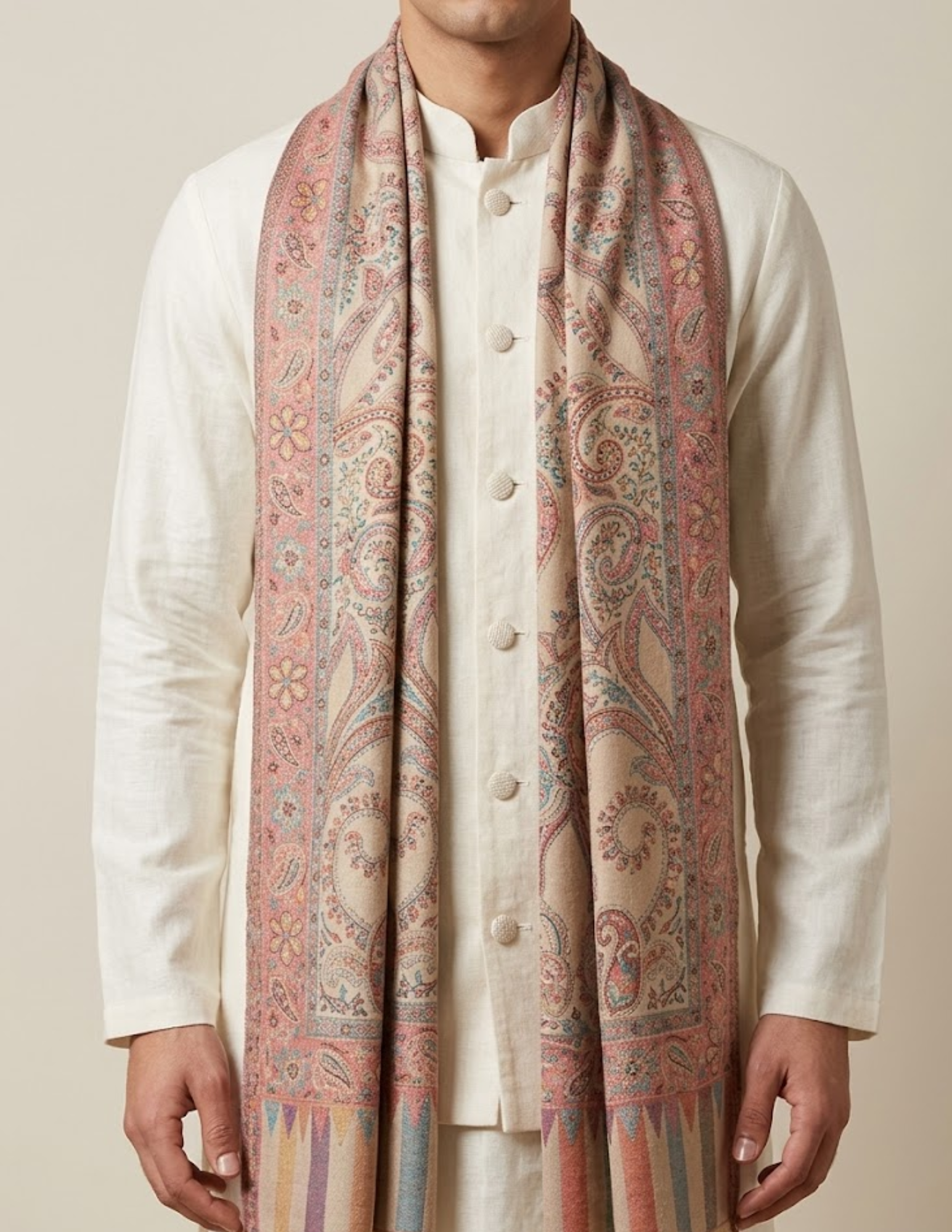 Naazneen Jamawar Kashmiri Stole – Ivory Paisley Micro Modal