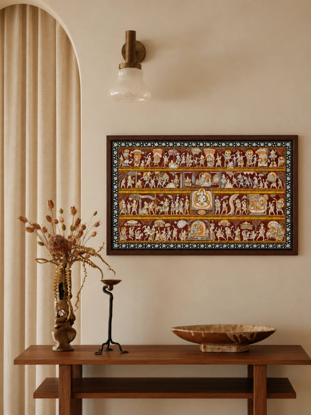 Handpainted – Kalamkari – Sacred Processions in Maroon and Gold