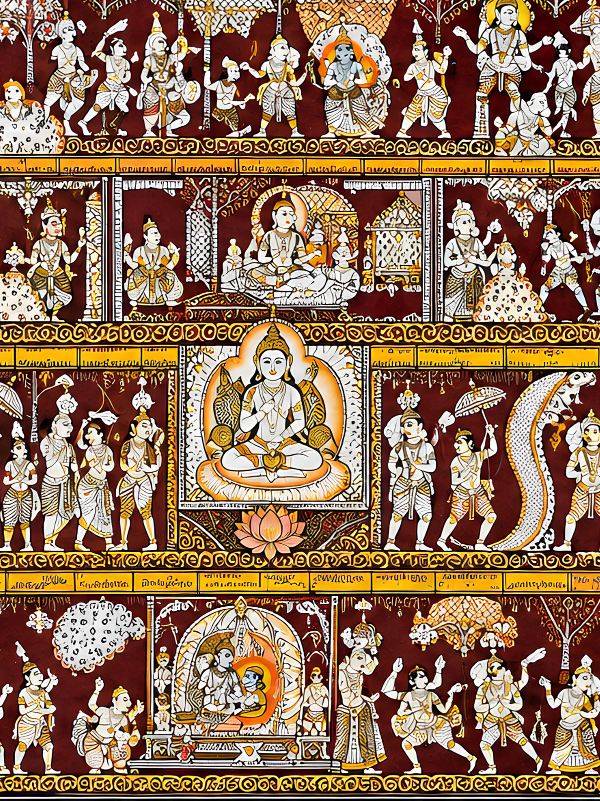 Handpainted – Kalamkari – Sacred Processions in Maroon and Gold