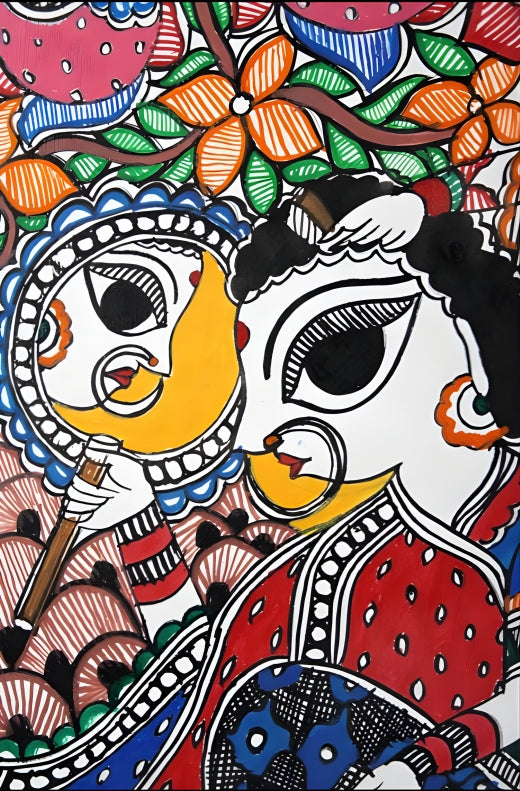 Divine Rasa: Krishna with Gopikas - Madhubani Painting