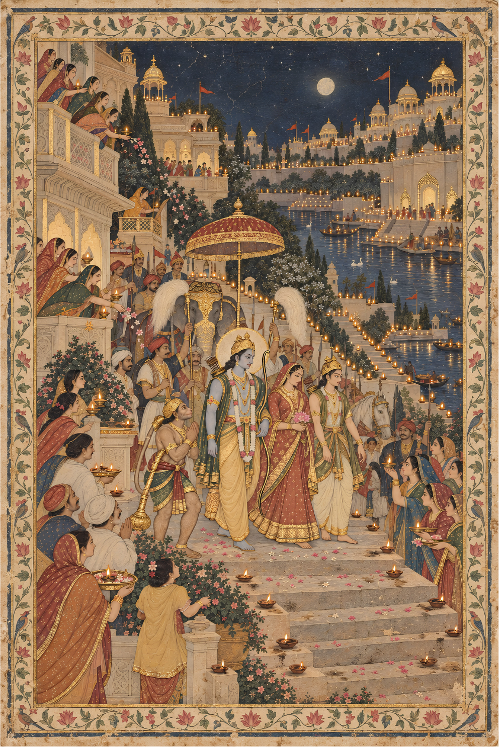 Pichwai-style art print of Rama, Sita, Lakshmana and Hanuman descending lamp-lit steps into Ayodhya at night
