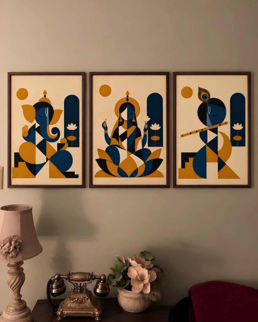 Handpainted – Indo-Bauhaus – “Mangala Trayi”: Ganesha, Lakshmi and Krishna, Set of Three