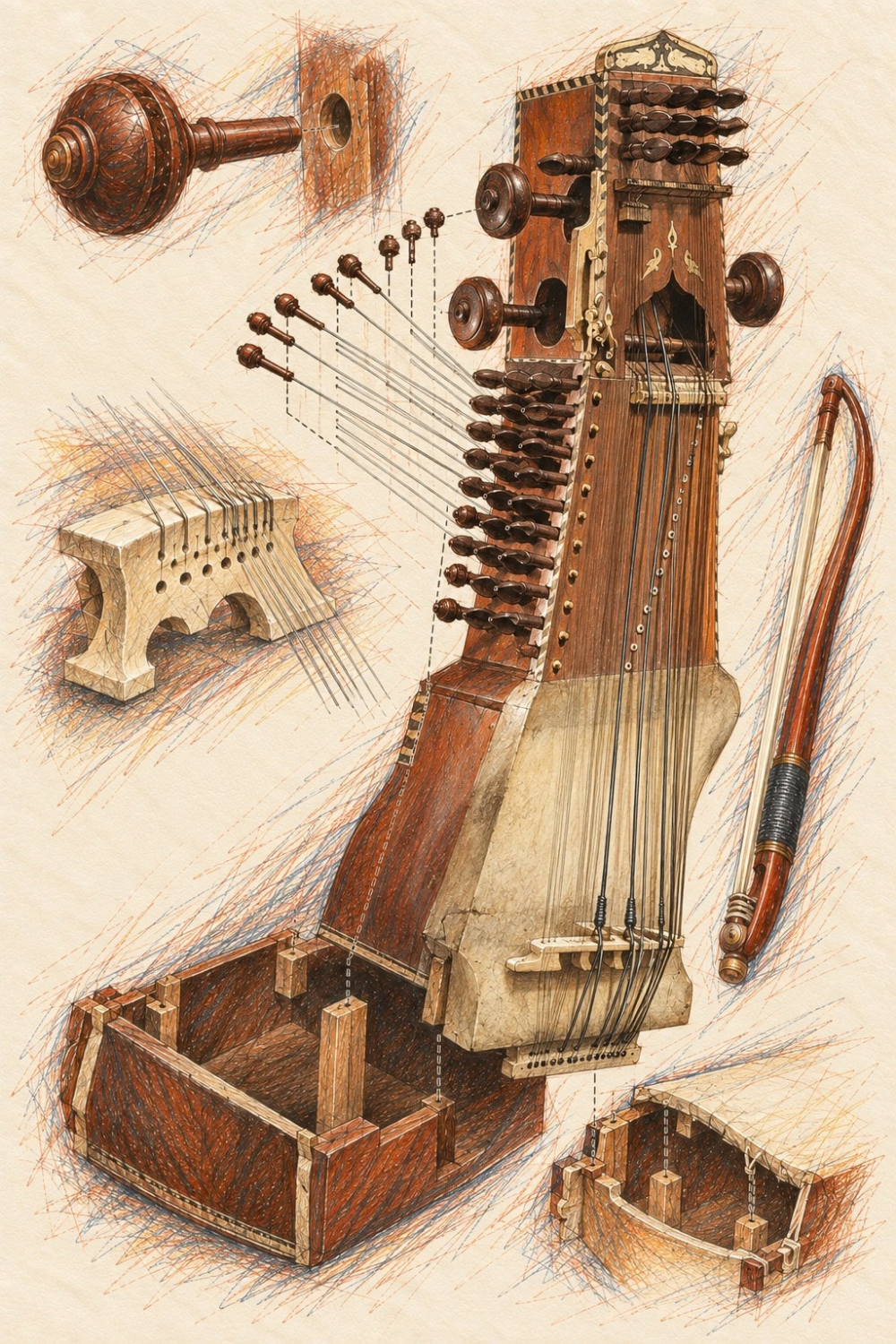 Classical instrument art print of an exploded sarangi with bow, turned pegs, bridge and open lower box on cream
