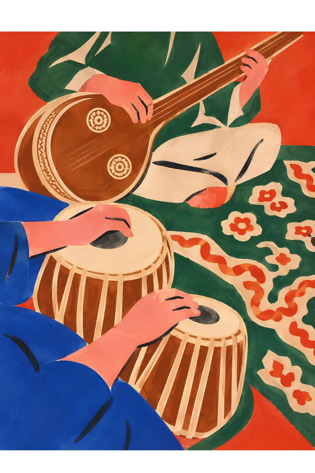 Handpainted Matisse-inspired painting of a long-necked stringed instrument above hands playing a pair of drums on a green floral ground