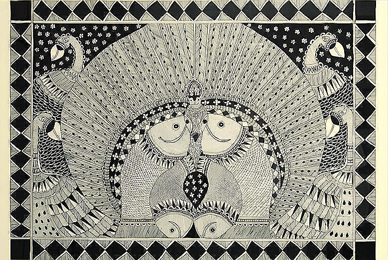 Harmony of Grace & Abundance: Peacock & Fish Mandala - Madhubani Painting