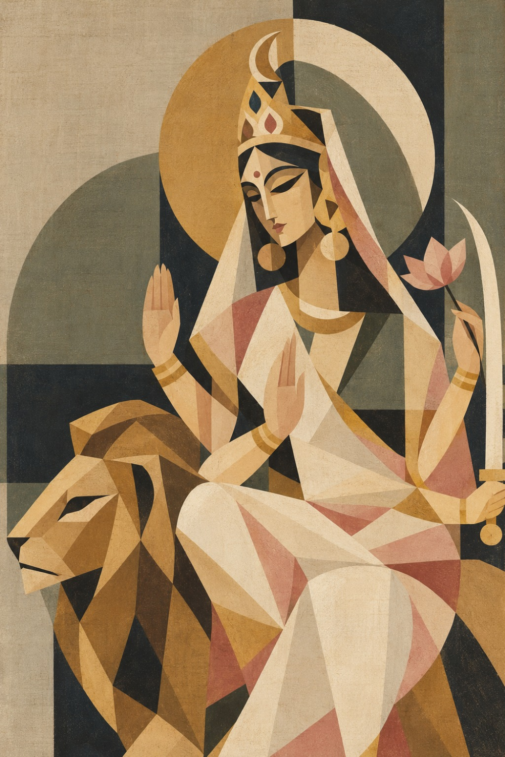 Cubist Navadurga painting of Goddess Katyayani seated on her lion with crescent-moon crown, lotus and sword in ivory, gold and slate