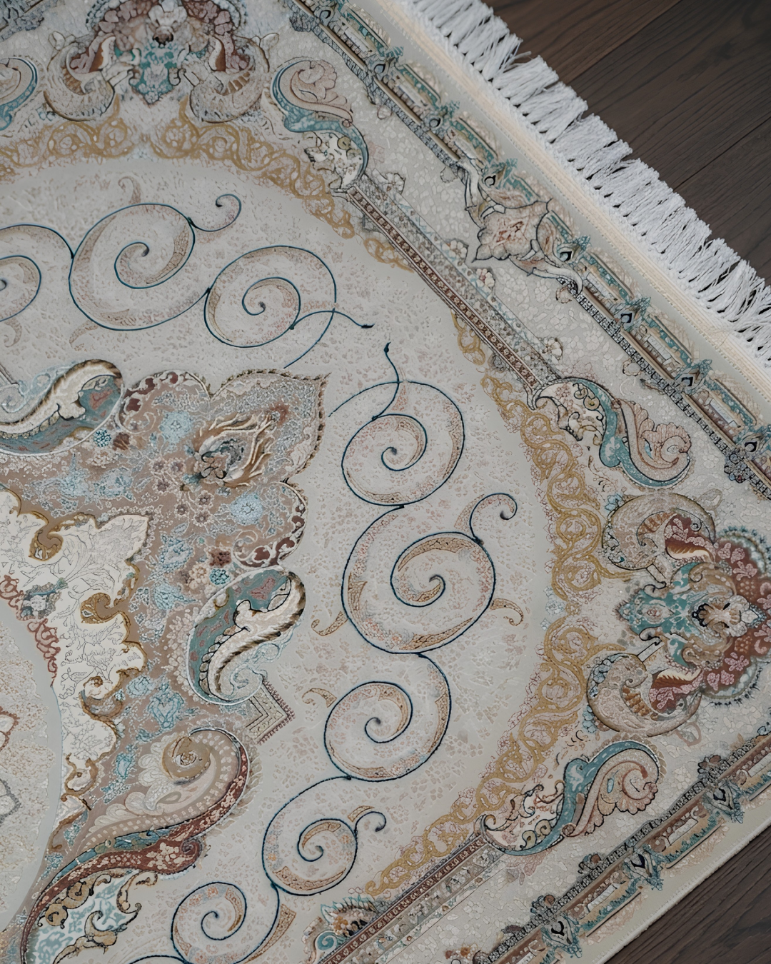 Naghma Silk & Wool Blend Carpet – Teal Gold Floral Medallion
