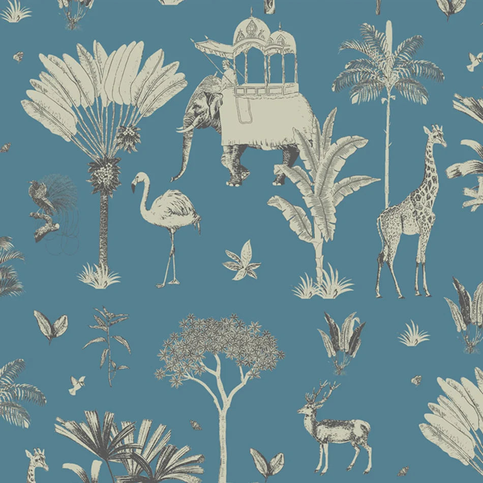 Jungle-themed pattern with animals and plants on a blue background - indian traditional wallpaper