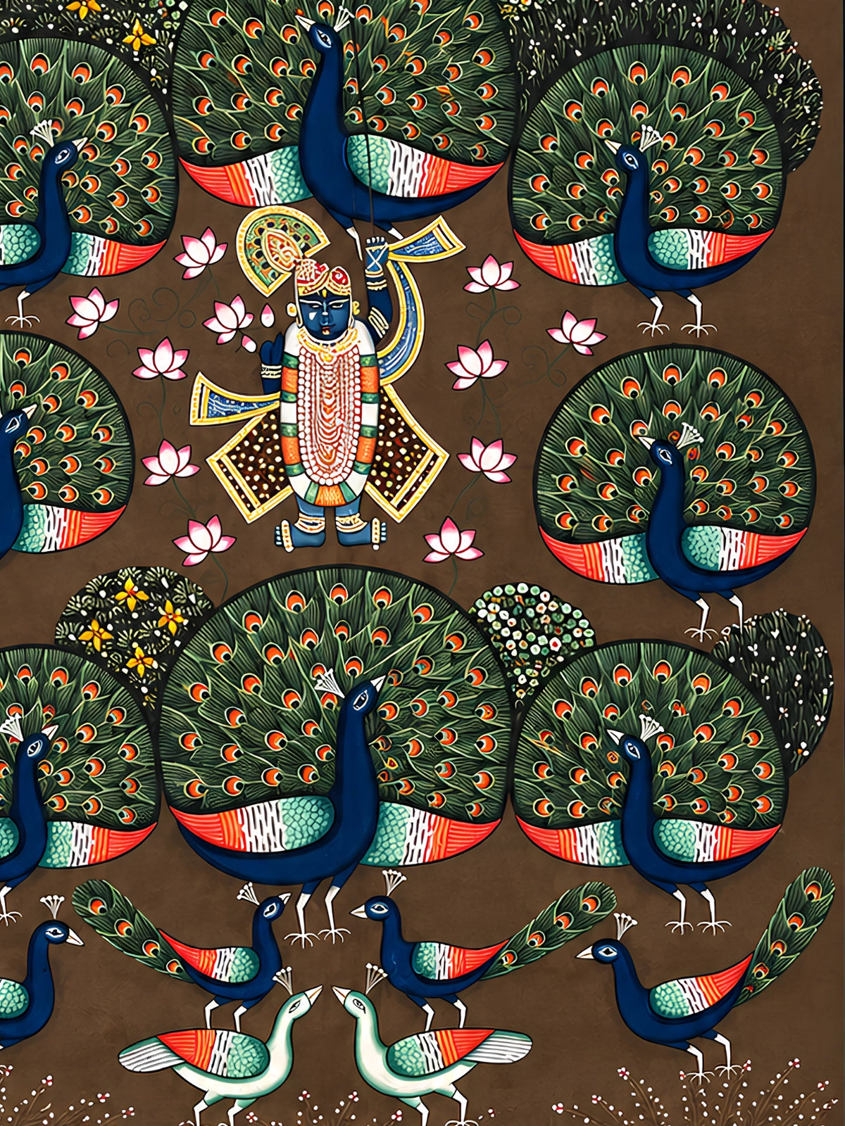 Handpainted – Pichwai – Shrinathji Among the Dancing Peacocks