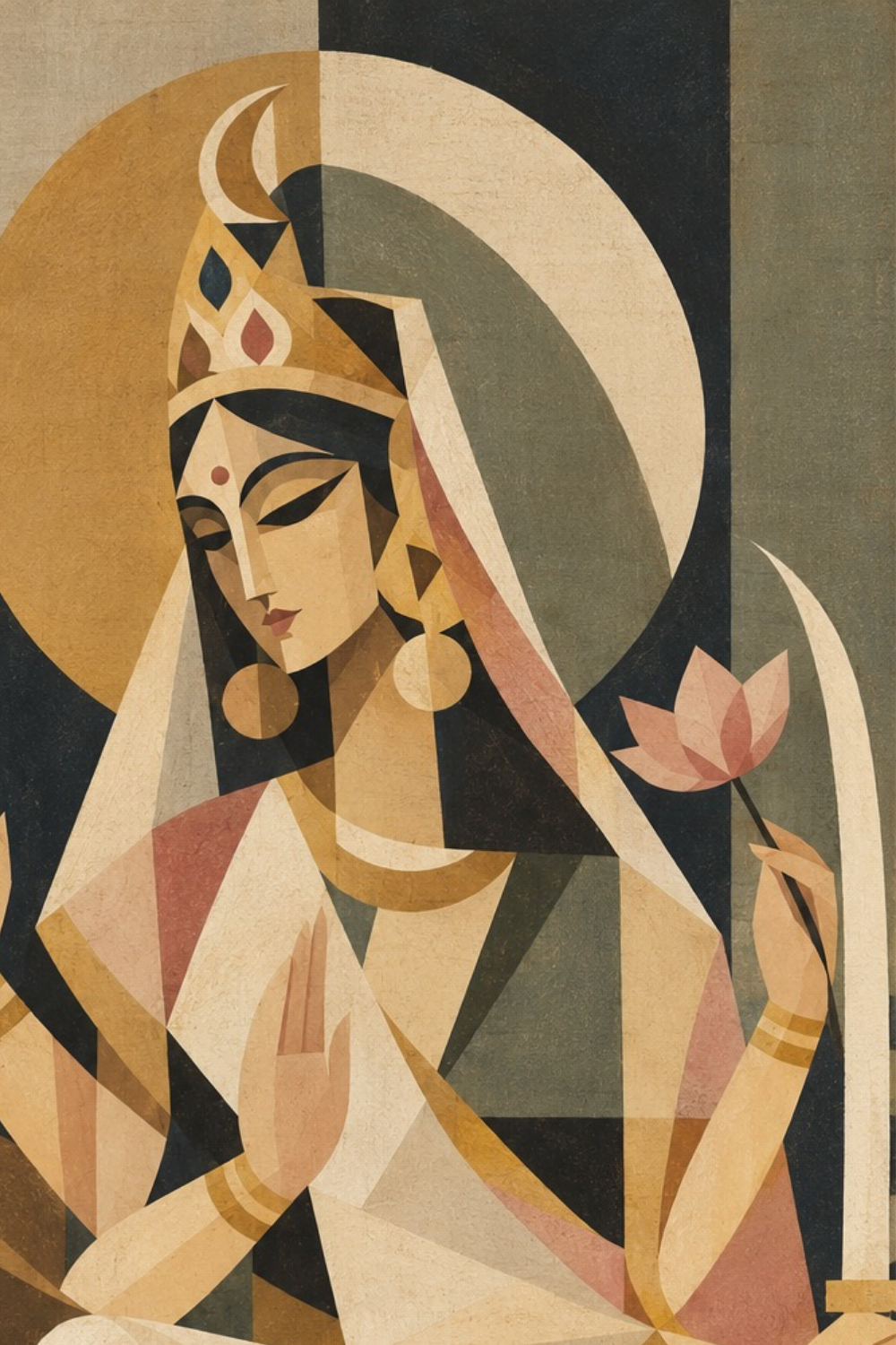 Close-up detail of Goddess Katyayani in the Cubist Navadurga painting, showing the faceted colour planes