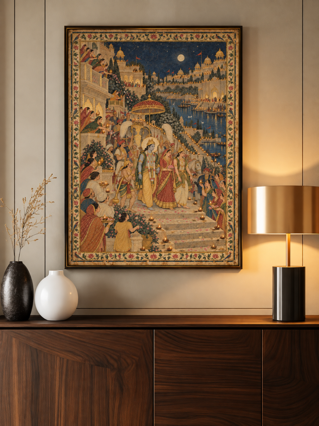 The Return to Ayodhya by Lamplight art print shown framed above a walnut sideboard beside a brass lamp