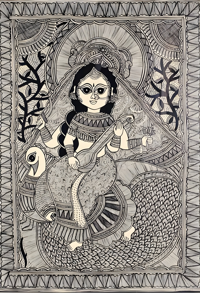 Saraswati in Kachni Style – Madhubani Painting