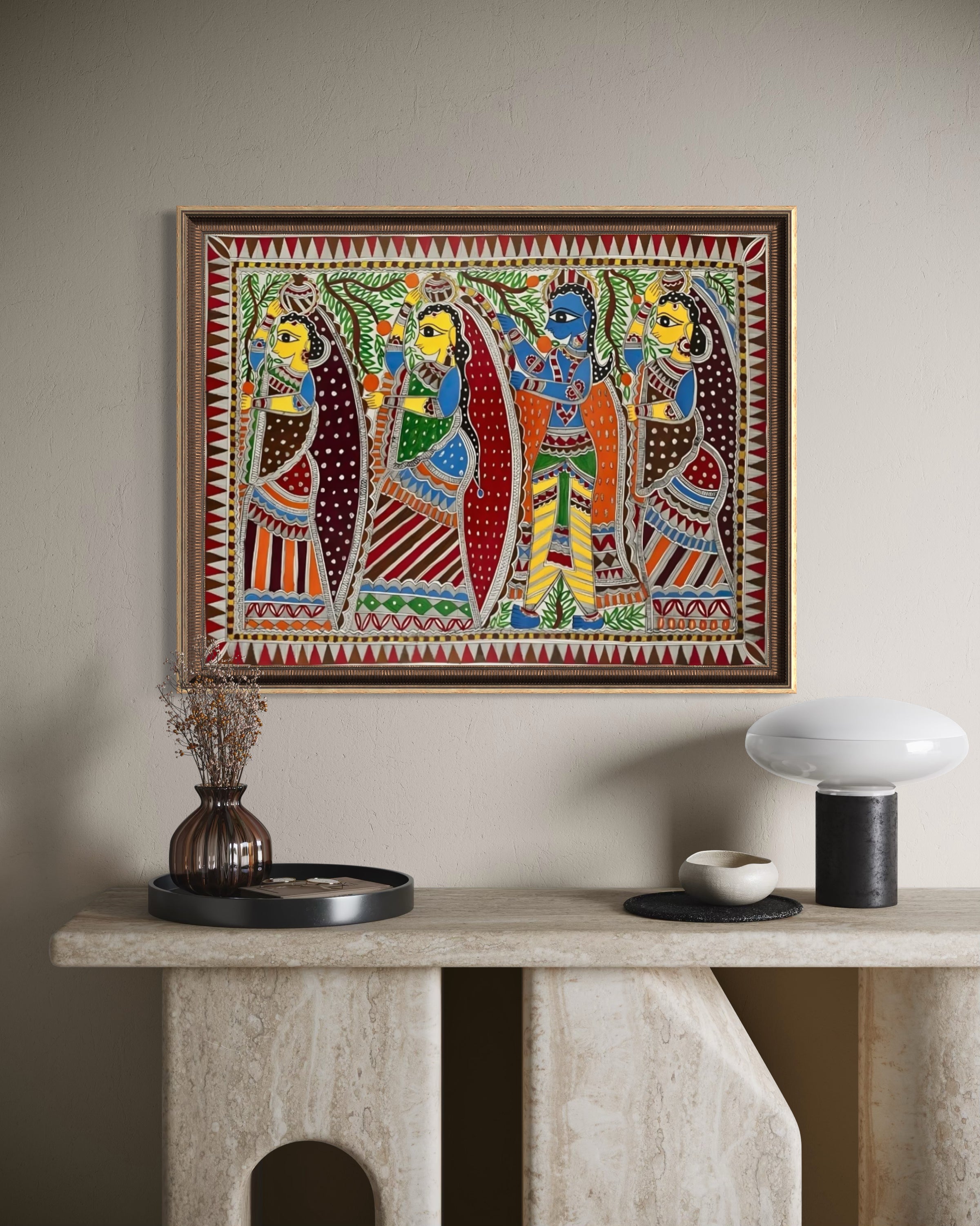 Rasa of Devotion: Krishna with Gopikas - Madhubani Painting