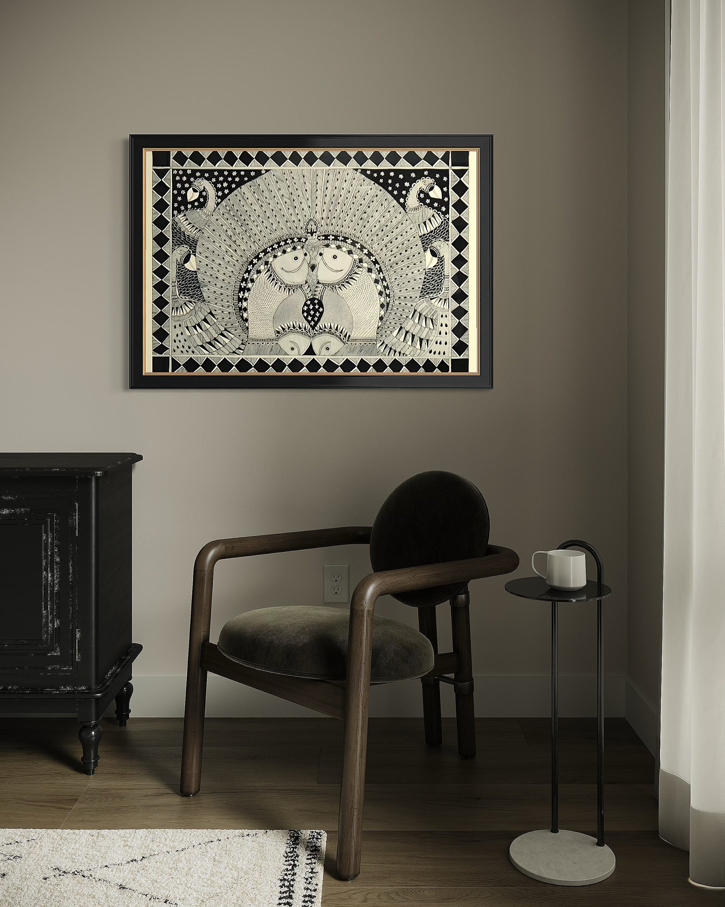 Harmony of Grace & Abundance: Peacock & Fish Mandala - Madhubani Painting