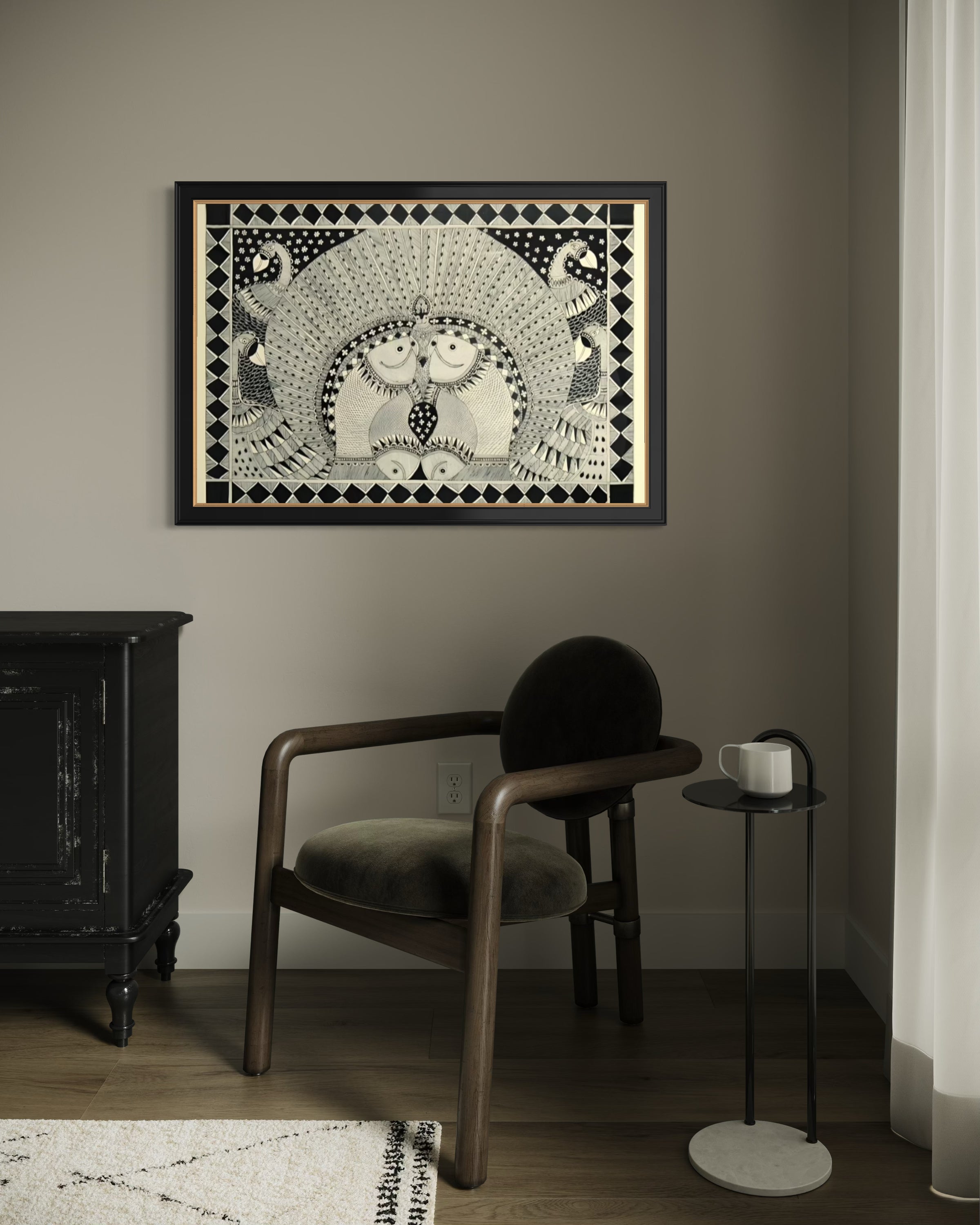 Harmony of Grace & Abundance: Peacock & Fish Mandala - Madhubani Painting