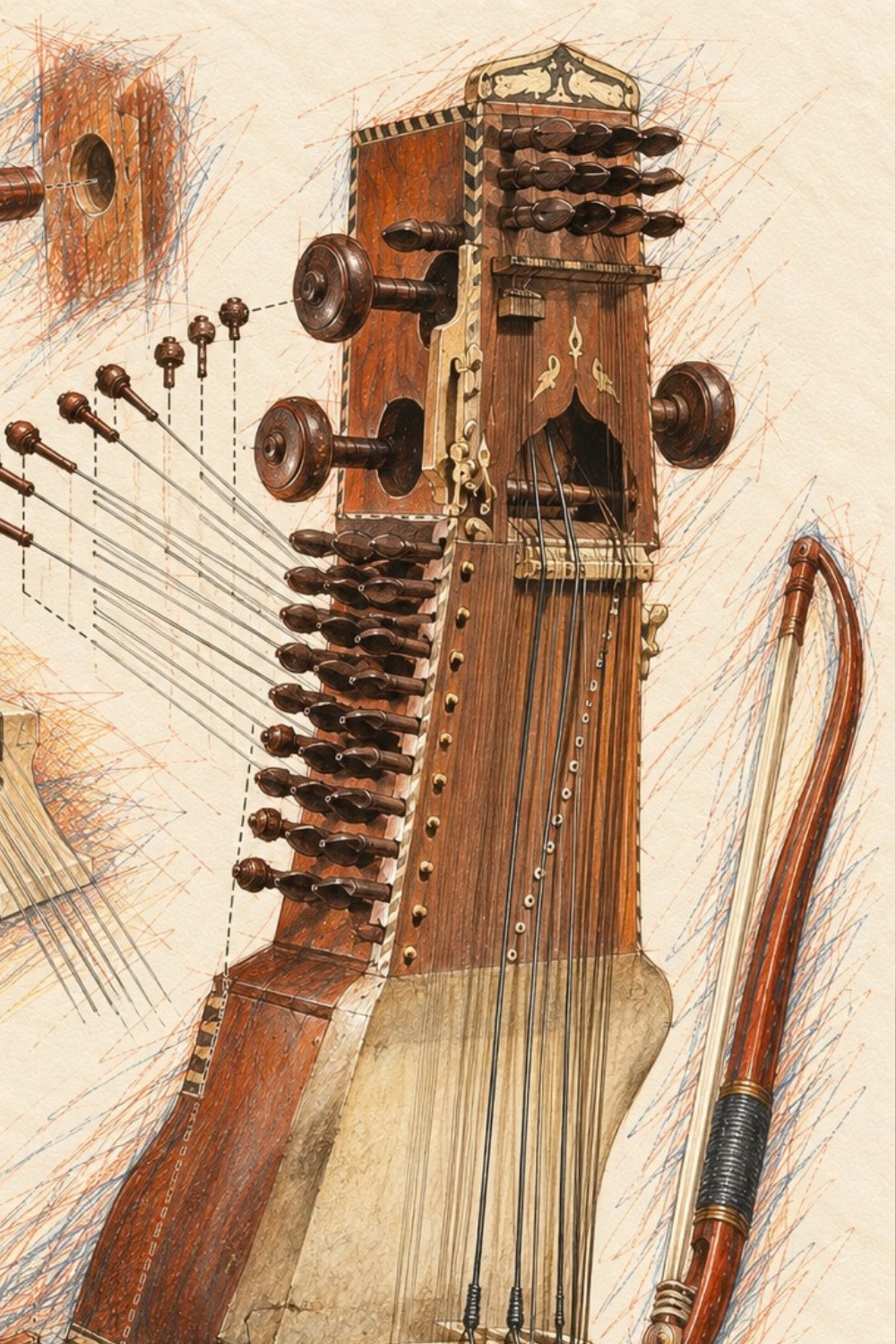 Black-framed sarangi print on a rust-red wall above a chequered pedestal holding a small sculpture