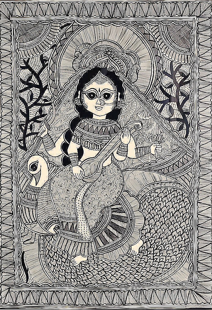 Saraswati in Kachni Style – Madhubani Painting