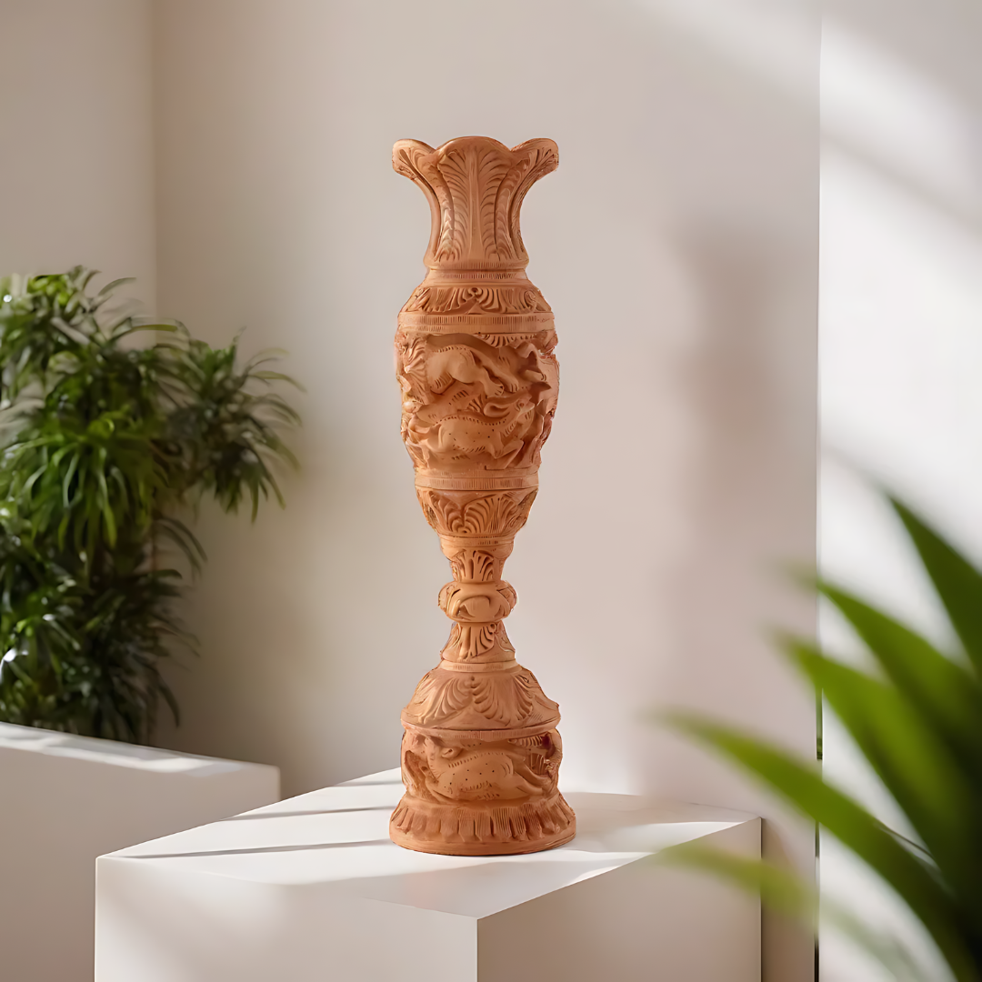 Wooden Vase With Animal Carvings