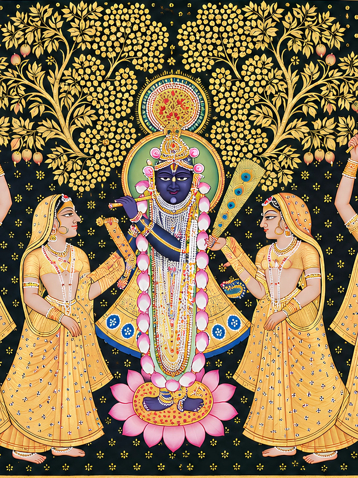 Handpainted – Pichwai – Shrinathji and the Four Gopis