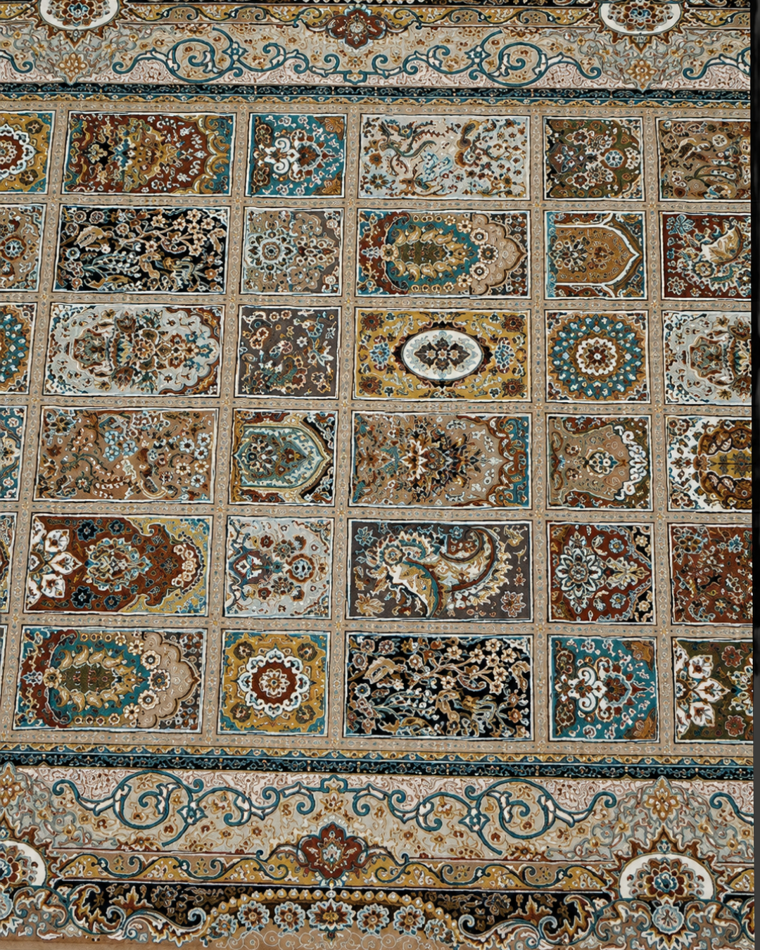 Mausam Silk & Wool Blend Carpet – Emerald Gold Trellis Floral
