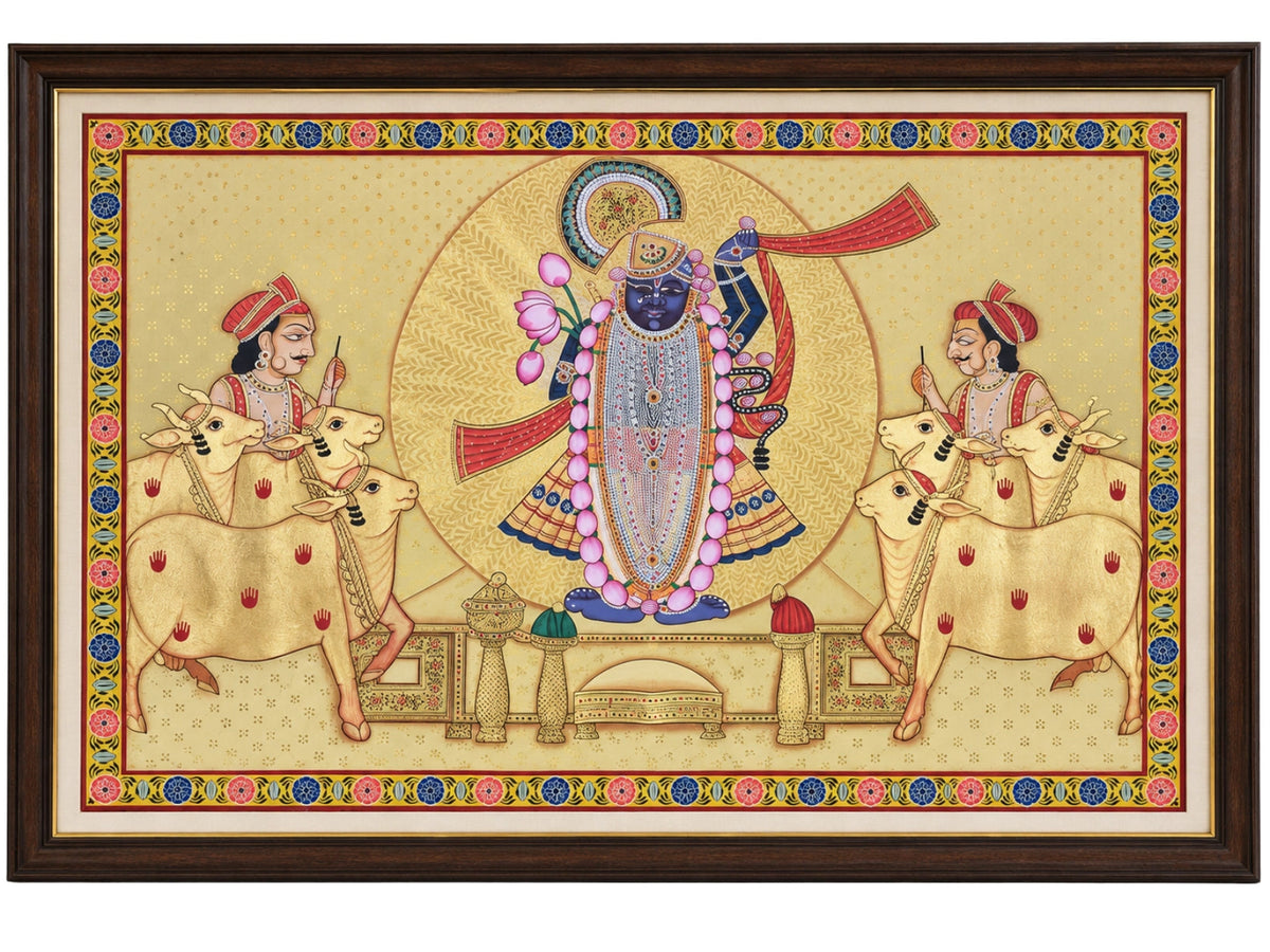 Handpainted – Pichwai – Shrinathji with the Cowherds in Gold