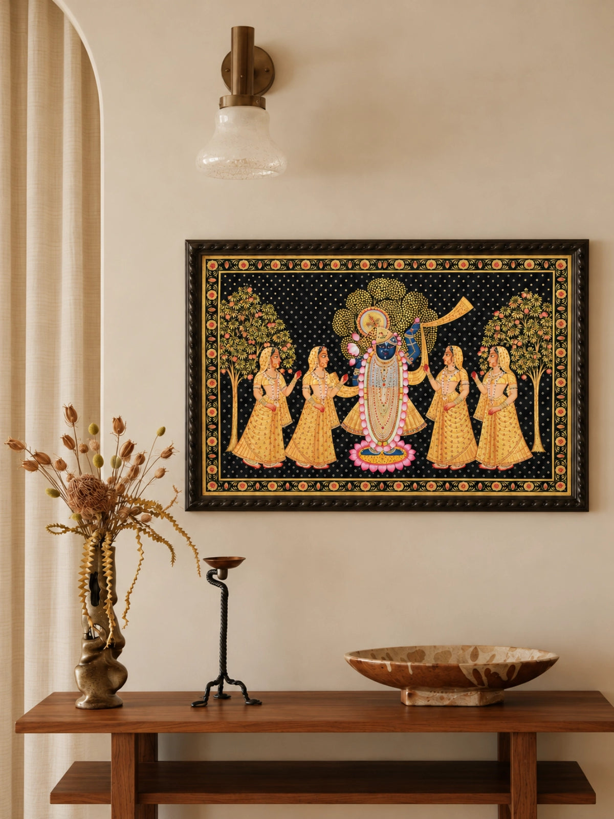 Handpainted – Pichwai – Shrinathji with Four Gopis in Black and Gold