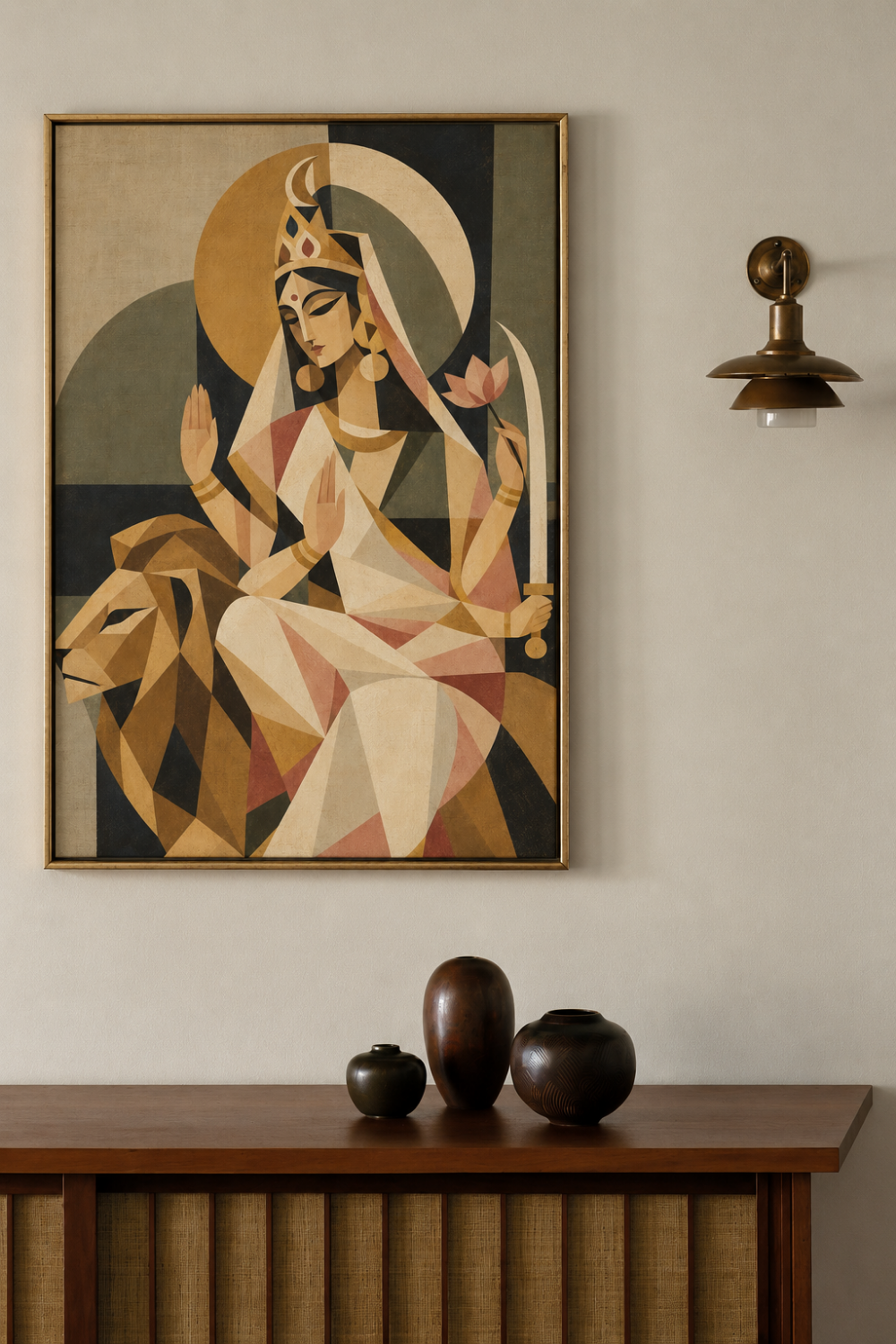 Cubist painting of Goddess Katyayani framed on a white wall above a wooden sideboard with dark ceramic vases