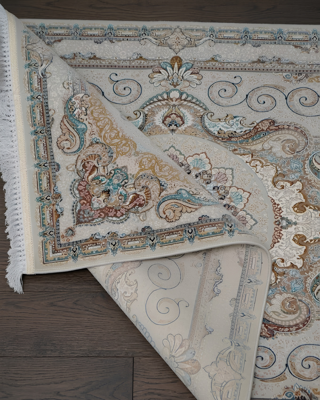 Naghma Silk & Wool Blend Carpet – Teal Gold Floral Medallion