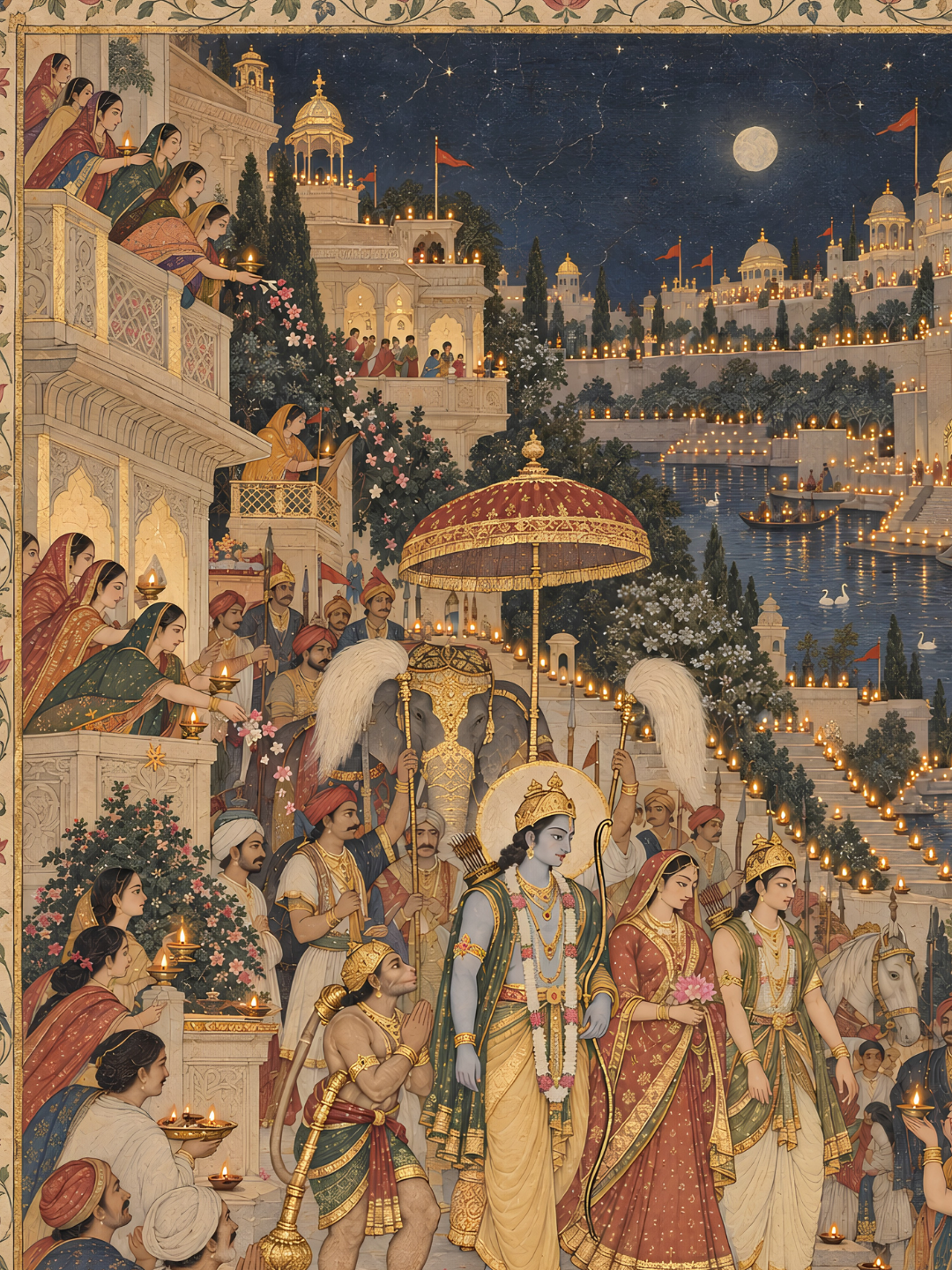 Close-up of Rama beneath a red parasol with Sita, Lakshmana, kneeling Hanuman and women holding diyas