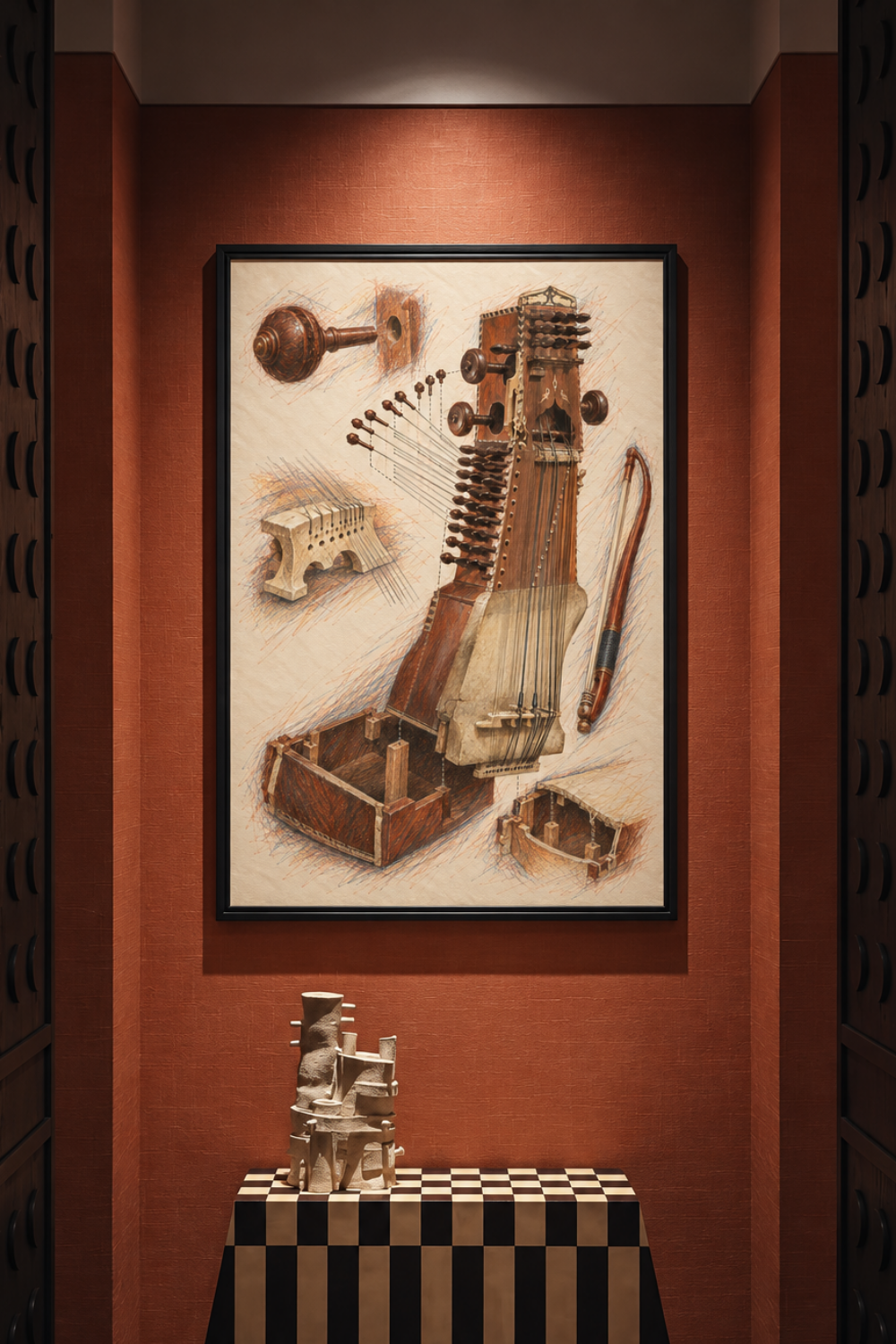 Close-up of the sarangi print showing the pegged head, the skin-covered body, the strings and the bow