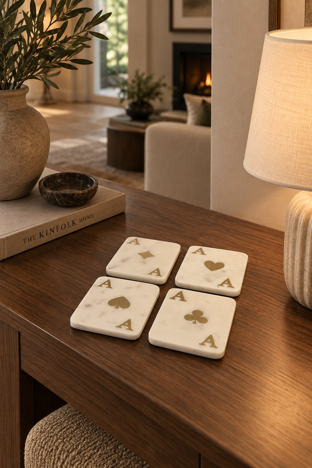 Marble Ace Coasters: Set of 4 with Brass Inlay