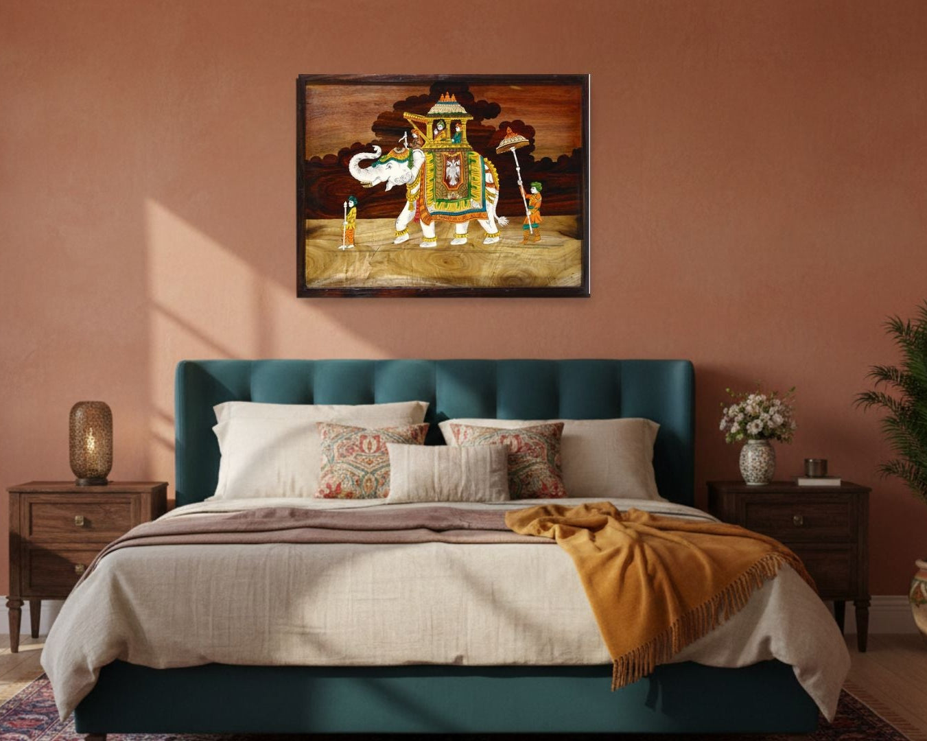 Mysore rosewood inlay Ambari procession artwork displayed on a bed room wall, highlighting traditional Indian craftsmanship within a warm, heritage-inspired interior.