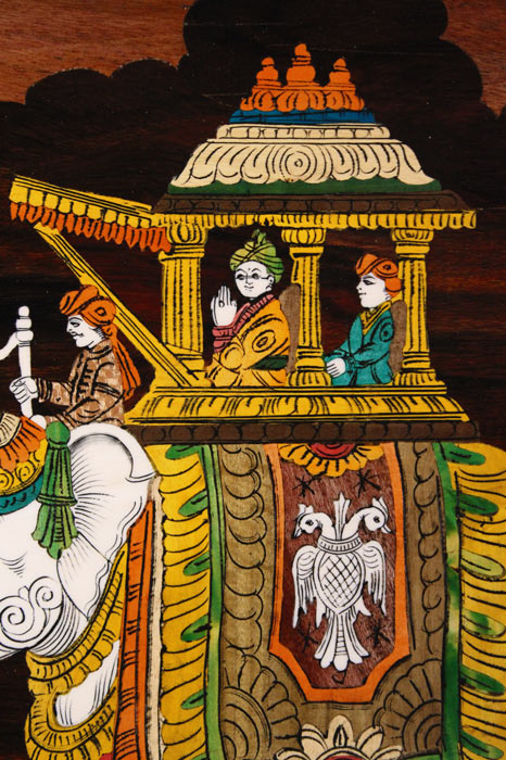 Close-up detail of Mysore rosewood inlay showing the decorated elephant, Ambari howdah, and intricate inlay craftsmanship using contrasting natural woods and traditional materials.