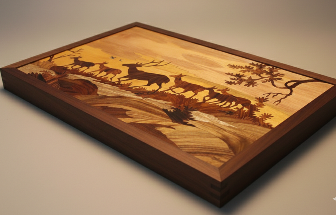 Side angle view of framed Mysore rosewood inlay wall art featuring deer silhouettes in a forest scene, highlighting the depth of inlay work and solid wooden frame.