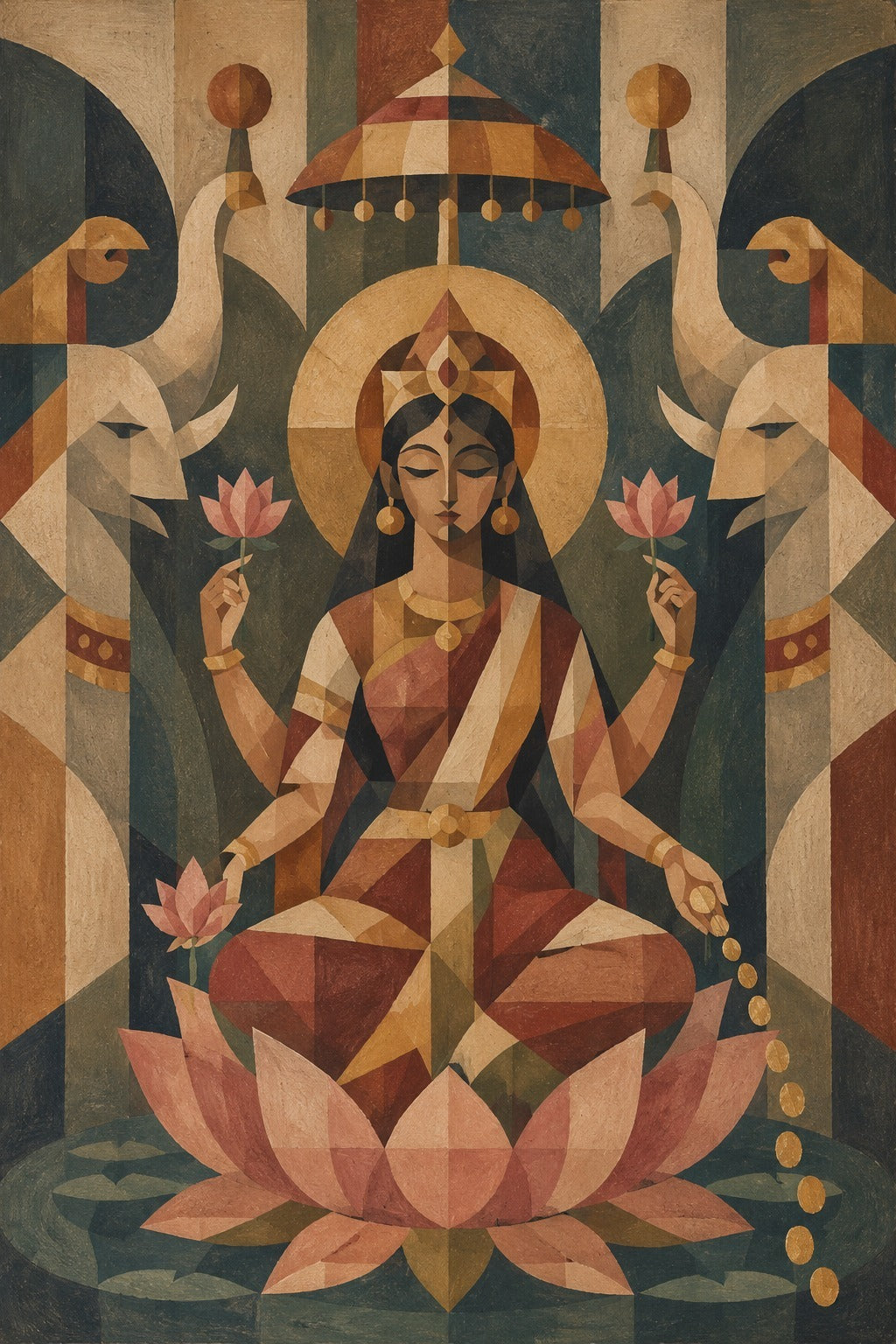 Handpainted – “Antaryami Lakshmi”: Cubist Lakshmi in Terracotta & Indigo