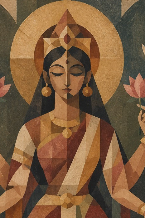 Handpainted – “Antaryami Lakshmi”: Cubist Lakshmi in Terracotta & Indigo