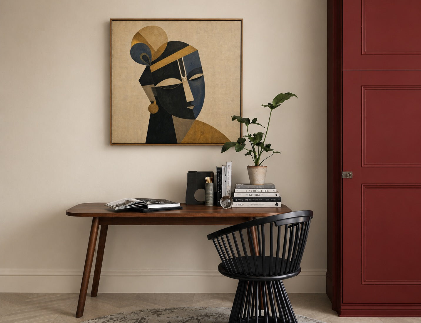 Handpainted – “Antaryami Mukhra”: Cubist Krishna Portrait in Gold & Indigo