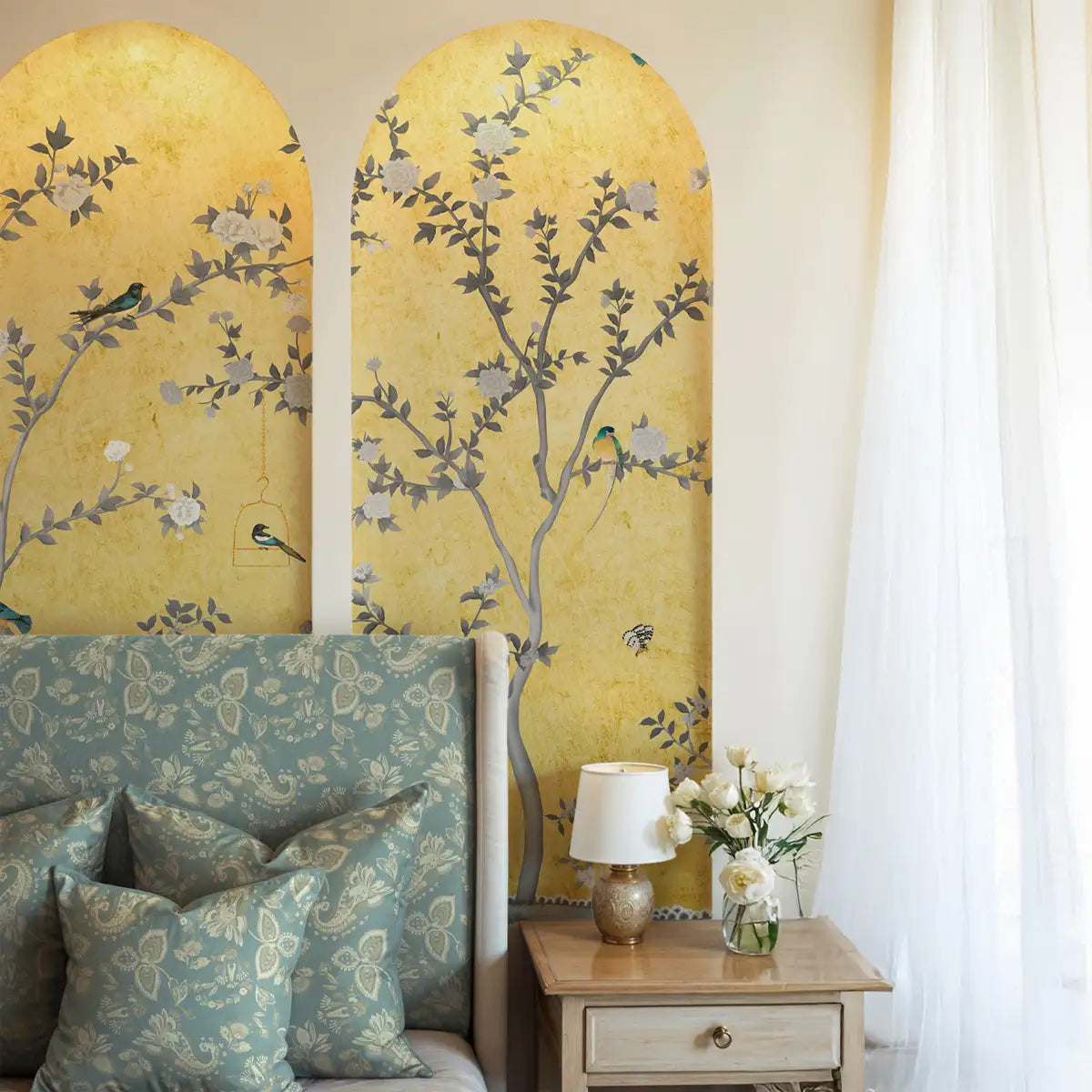 Yellow Chinoiserie wallpaper - customized floral Wallpaper on a yellow background for bedroom