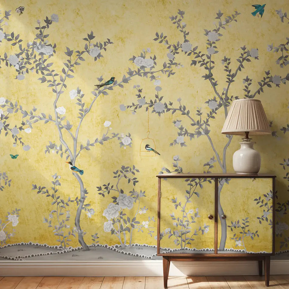 Yellow Chinoiserie wallpaper - customized Wallpaper with floral and bird design on a yellow background