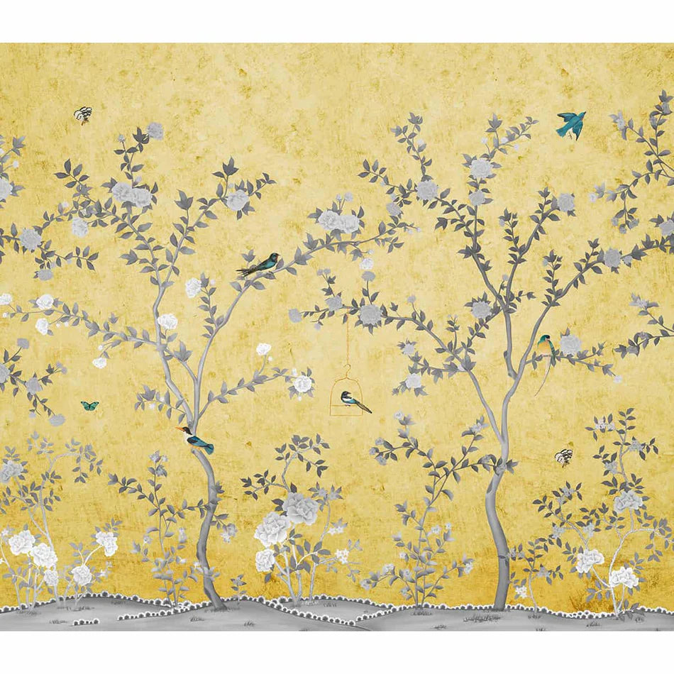 Yellow Chinoiserie wallpaper - customized floral Wallpaper on a yellow background with birds