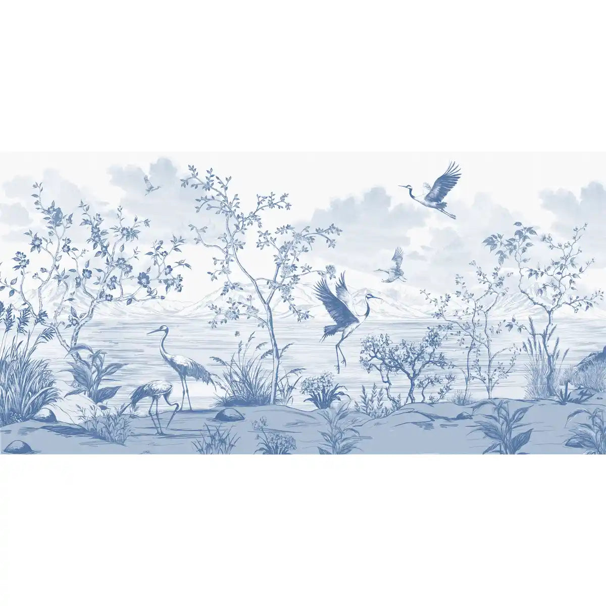 Skyward Serenade wallpaper mural designed with expansive avian garden artwork to create a peaceful and uplifting interior statement