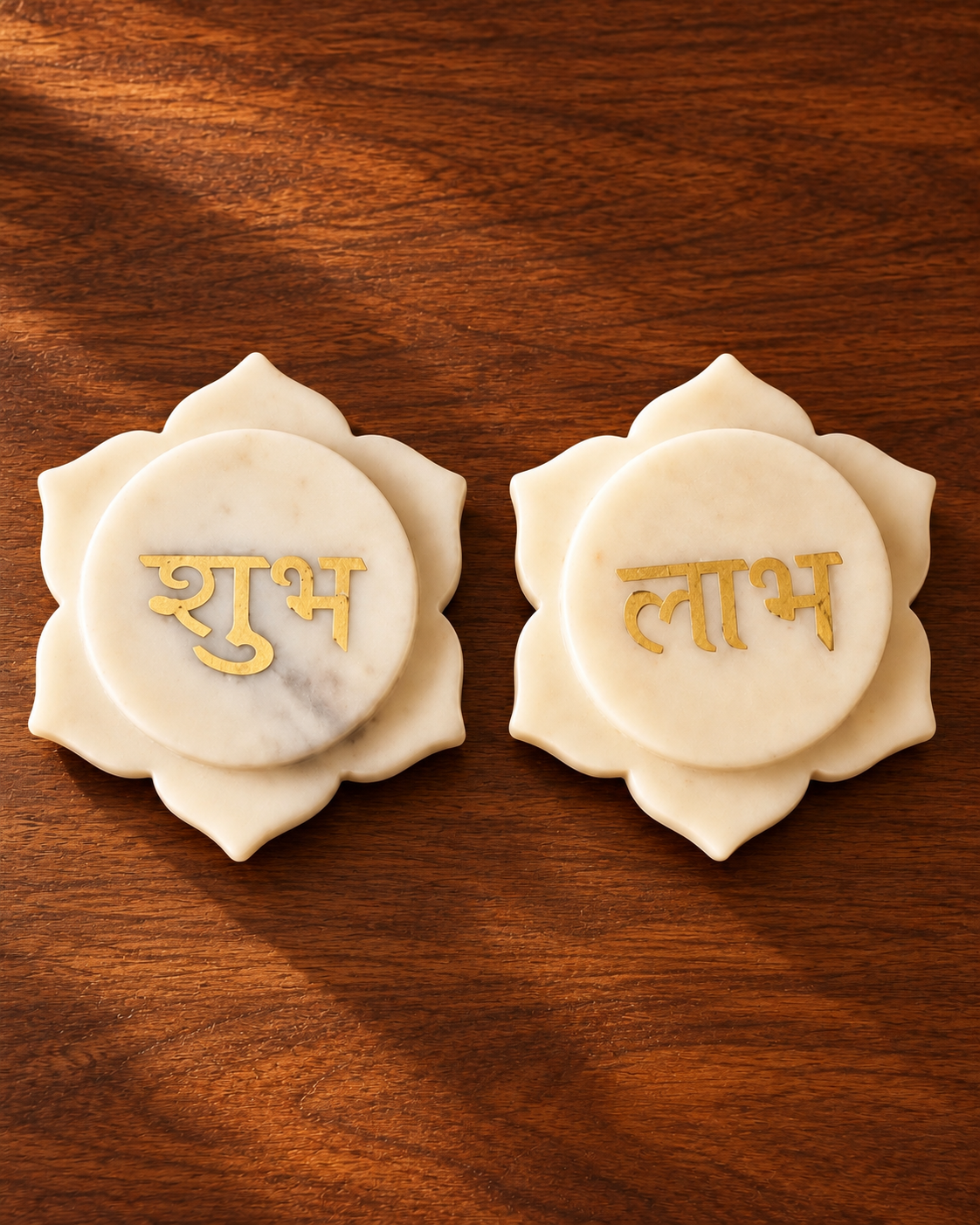 'Shubh Labh' and 'Lakshmi Charan' Décor Pieces in Marble with Brass Inlay – Set of 4