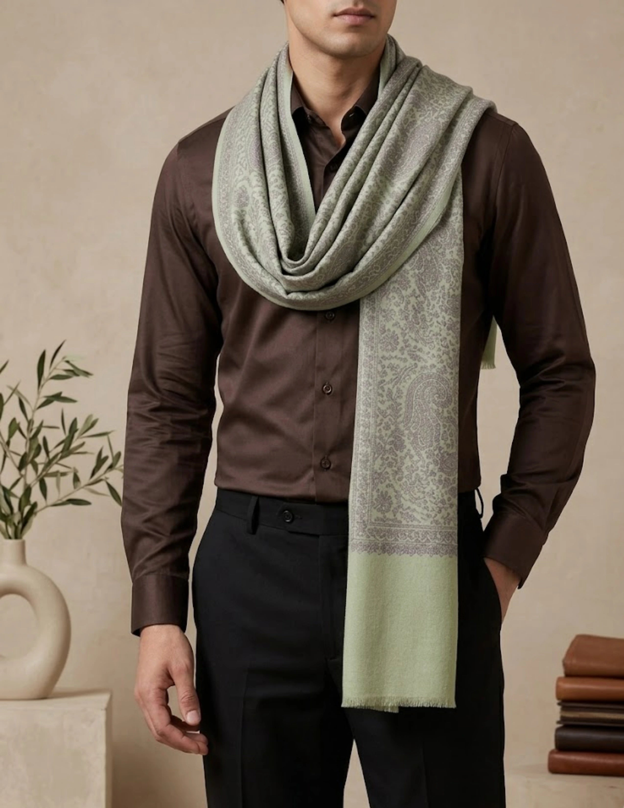 Bageecha Sozni Embroidered Stole (Unisex) – Sage Paisley Wool Silk